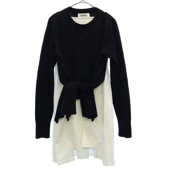 エンフォルド ウール 長袖 ワンピース 38 ブラック×ホワイト ENFOLD レディース