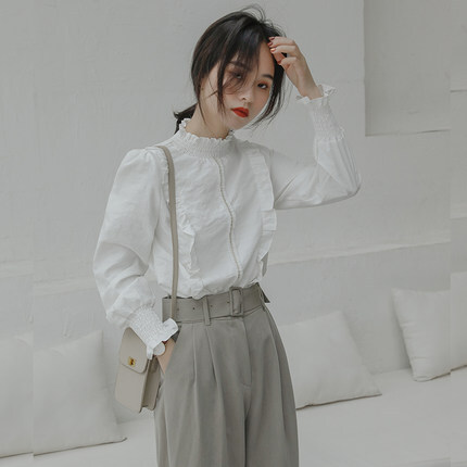 フリルネックブラウス トップス シャツ ブラウス Gジャン 袖あり 長袖 ハイネック フリル 綿 かわいい 大人可愛い きれいめ シンプル カジュアル 大人 上品 おしゃれ お洒落 レトロ 大人可愛い