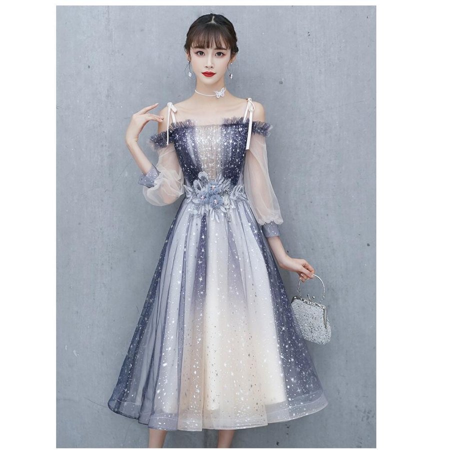 ウエディングドレス オフショルダー ロングドレス 袖あり パーティードレス ミモレ丈 結婚式 お呼ば