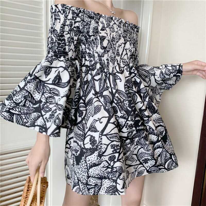 ワンピース 上着 人気 おすすめ おしゃれ お洒落 激安 安い プチプラ 長袖ロング オフショルダー 肩出し ふんわり 膝丈 ミニスカート 柄 プリント 花柄 ポリエステル 可愛い lone