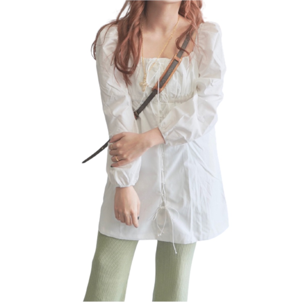 Lace-Up Puffsleeve Mini Onepiece（white） A.D.G レディース ワンピース