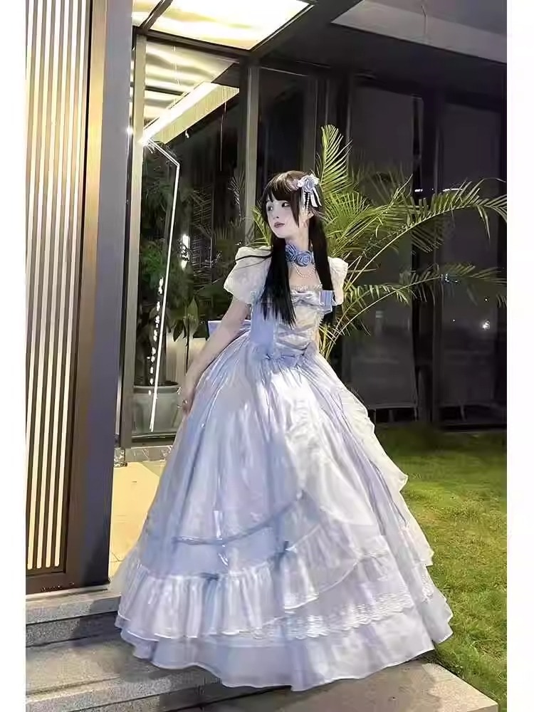 ブルードレスビッグウェディングロリータドレスオプロリータゴージャステールプリンセスドレス