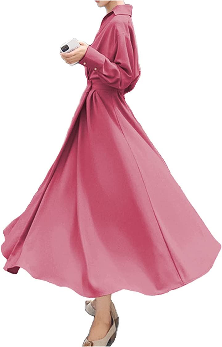 ロングフレアワンピース 襟付き きれいめ 長袖 レディース(ピンク, S)