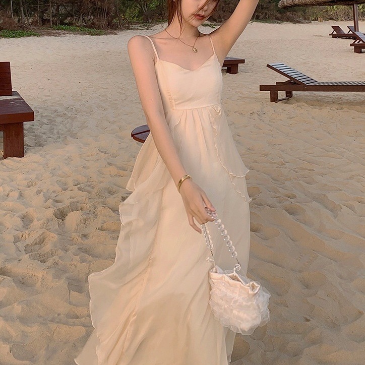 レディース ワンピース ロング ロング丈 ノースリーブ Vネック フレア レース シフォン フリル