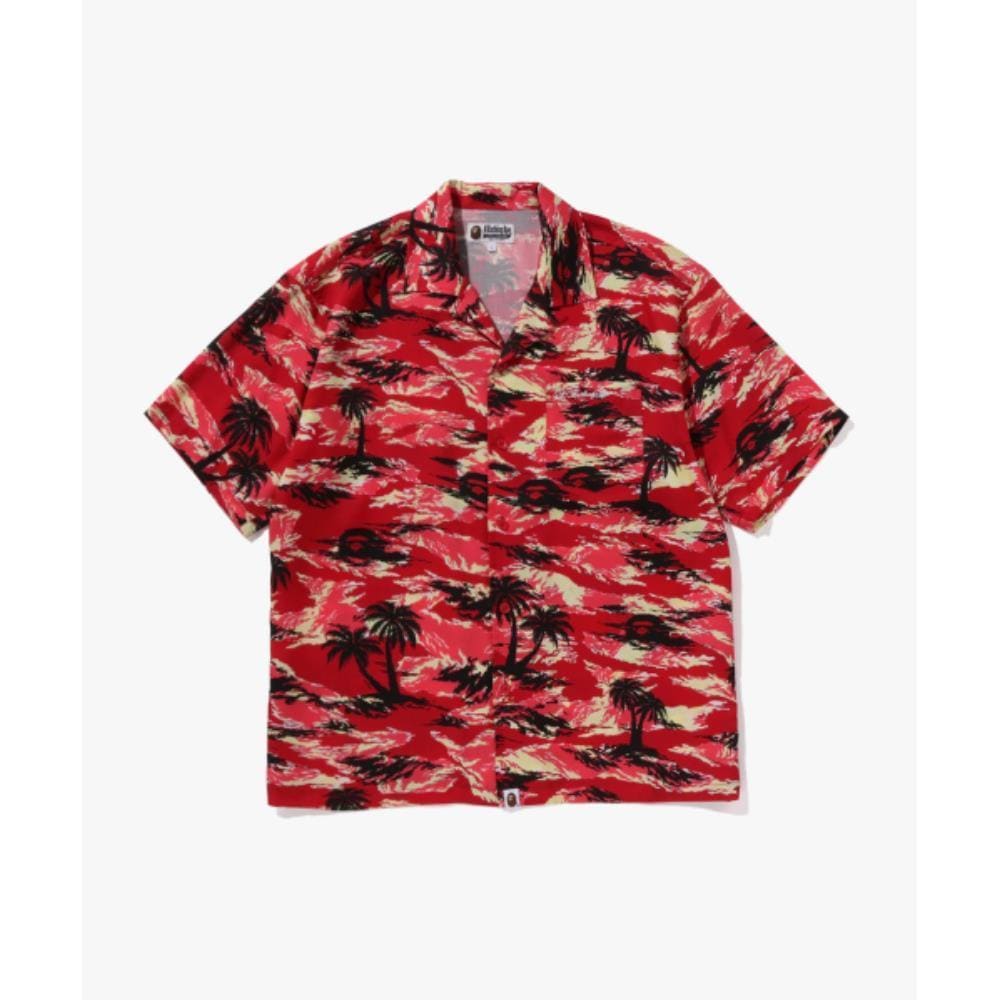 BAPE Palm Tree Camo Open Collar Pocket SS Shirt M RED 00