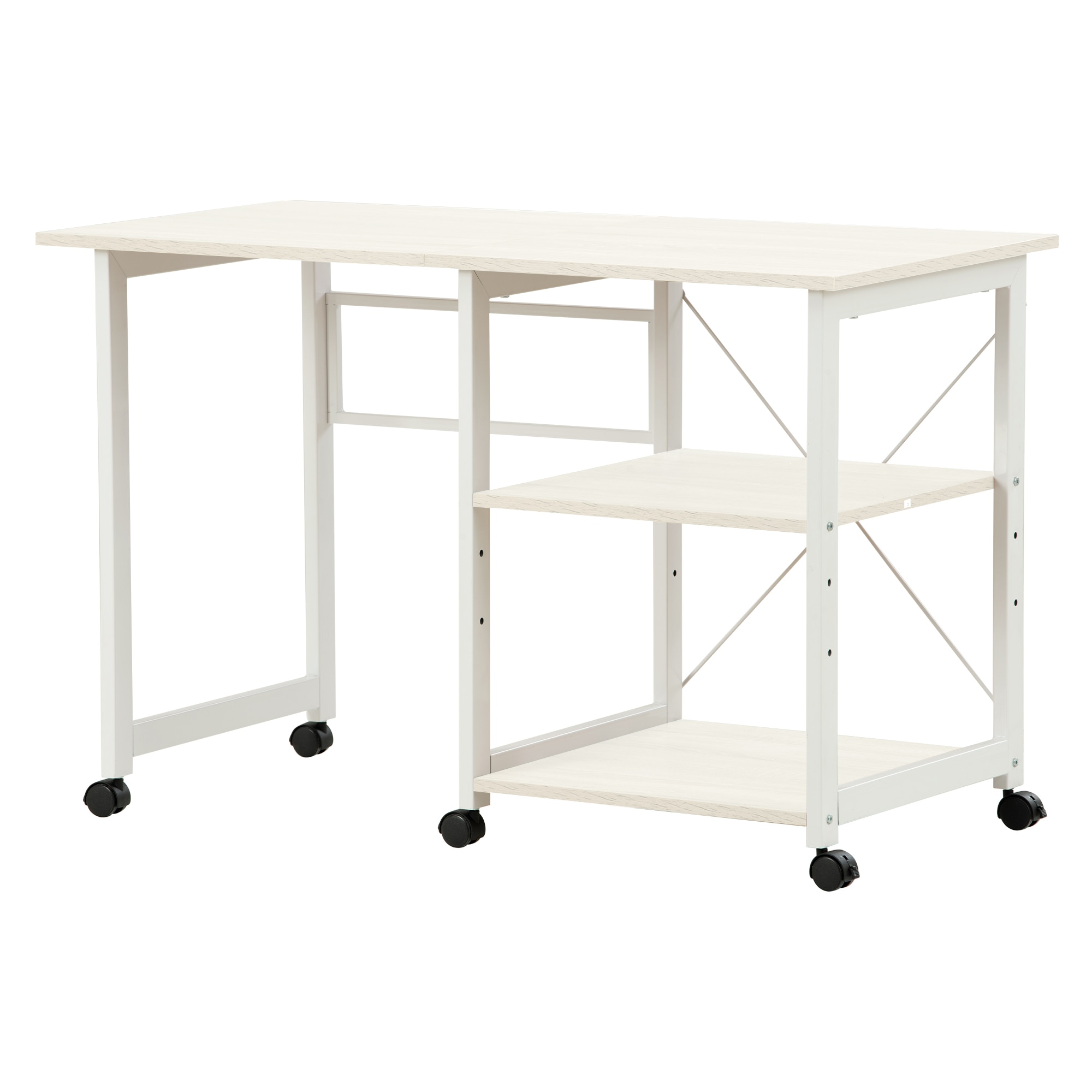 パソコンデスク 折りたたみデスク 簡易デスク オフィスデスク 学習デスク 3段収納ラック キャスター付き【ホワイト】 White Particle BoardGGSP270