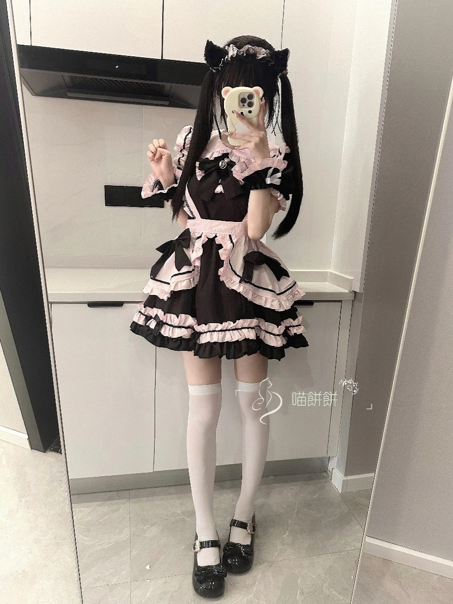 【激安本日限定】ロリータ ワンピースニャーパンケーキ：黒とピンクのメイド服女の子猫可愛い重工業ロリータロリータドレス