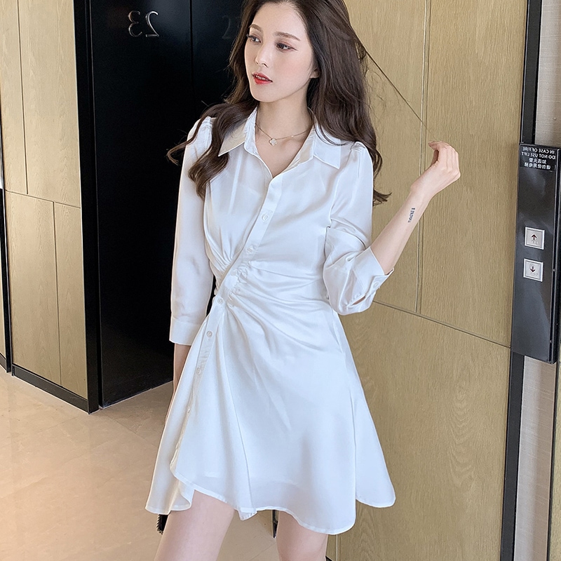 ミニワンピース ワンピ ガーリー ラブリー 白 ホワイト ピンク ミディアム丈 袖あり 袖 Vネック