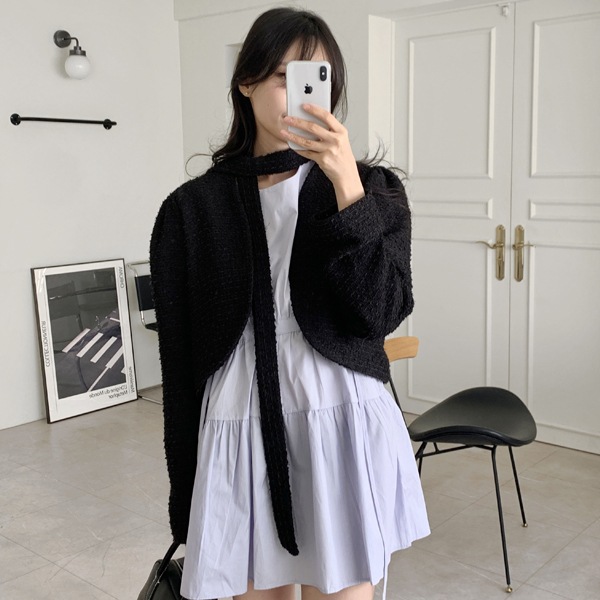 韓国ファッション シャーリングパフ ノーカラー タイ クロップ ジャケット