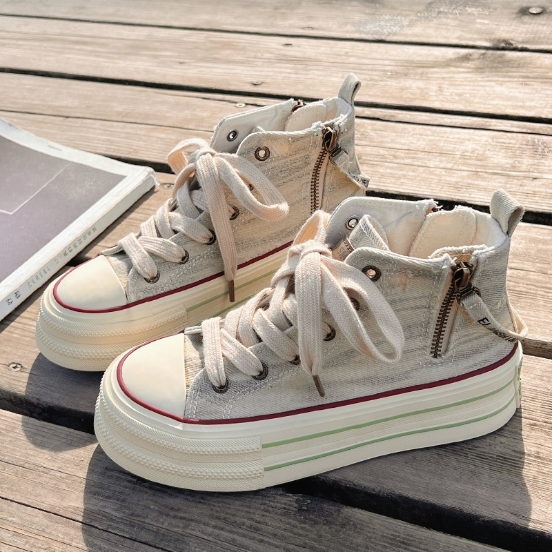 靴 スニーカー レディースシューズ レディーススニーカー 厚底スニーカー 厚底 歩きやすい 履きやすい 走れる デニム キャンバス ファスナー付き カジュアル おしゃれ レトロ メンズライク 春 秋