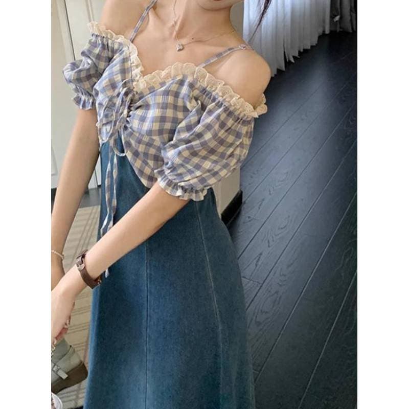 SNSで話題大きいサイズ パフスリーブ継ぎ スカート デニムワンピース ハイウエストスカート