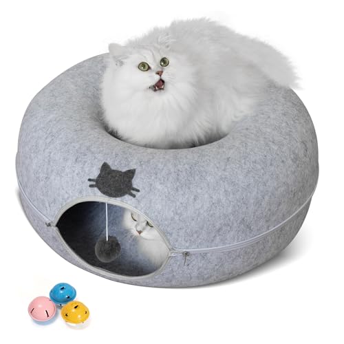 猫 トンネル キャットトンネル 60*28CM 猫ドーナツ 猫 ベッド ドーム 取り外し可能 洗える猫用ベッド (ライトグレー)