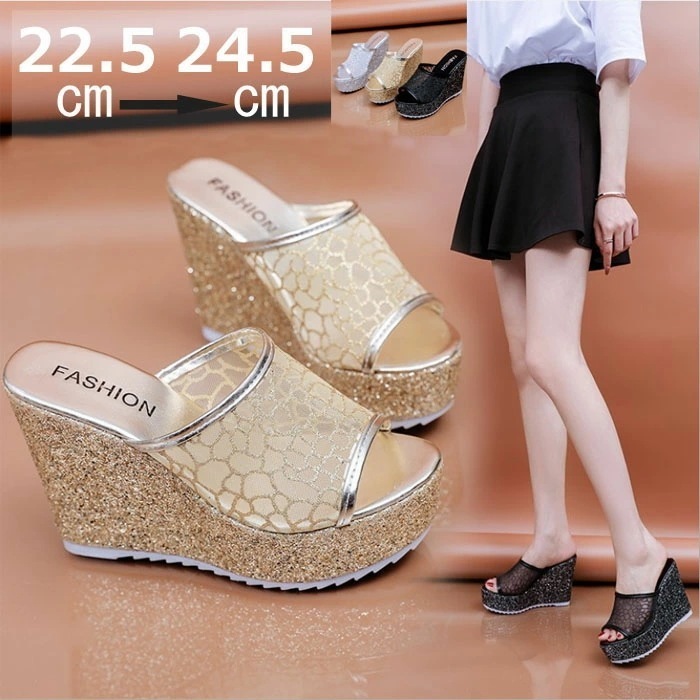 サンダル レディース 厚底 ウェッジヒール ミュール ヒール高11cm　大きいサイズ 美脚 セクシーハイヒール 春夏 シア素材 透け感 脚長効果 クリアー 前厚トゥ クリアソール キラキラサンダル