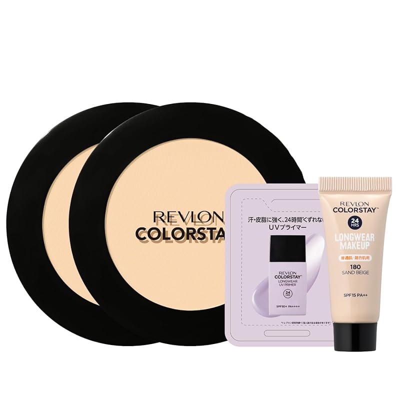 【Amazon限定 特典付】レブロン カラーステイ プレスト パウダー N 820 ライト (自然な肌色) 2個セット+ファンデーションサンプル＆UV プライマーのサシェ付き テカリ防止 フェイスパウ