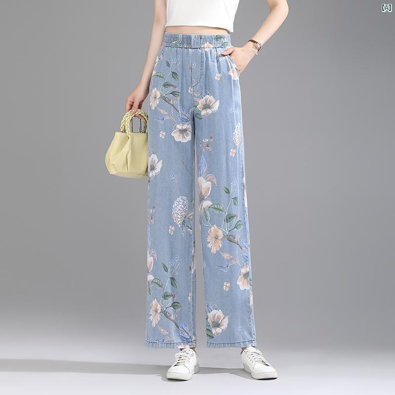 レディース 大きめ サイズ テンセル ジーンズ 夏 ストレート プリント 九分丈 ワイド レッグ パンツ ママ フラワー