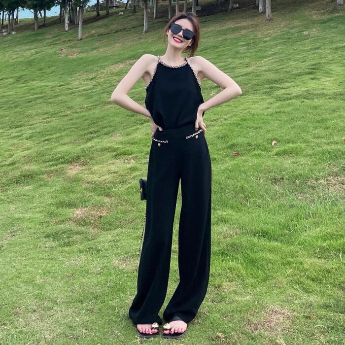 セットアップ レディース キャミソール トップス パンツ おしゃれ ツーピース ２点セット ロング丈 ノースリーブ きれいめ カジュアル エレガント ロングパンツ 大人 可愛い フェミニン ブラック