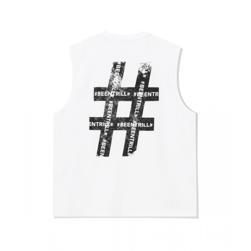 BEENTRILL ビンテージハッシュタグオーバーフィットメッシュノースリーブ (ホワイト)