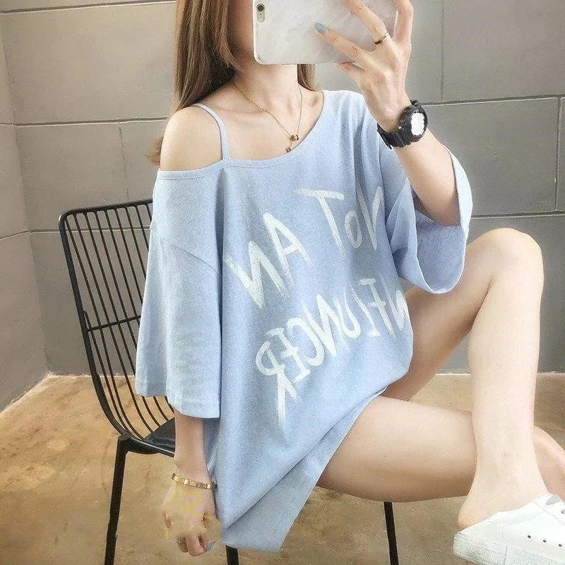 トップスTシャツ肩出しレディース新作ワイドTシャツきれいめキャミロング丈フェミニン韓国風おしゃれ女性着