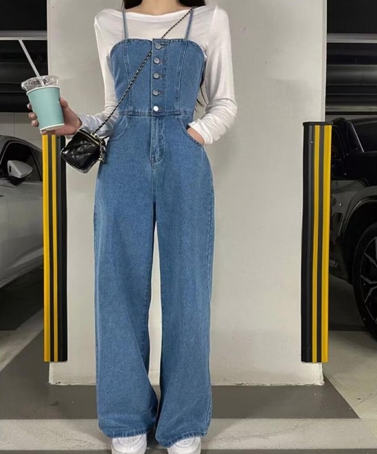 デニムオールインワン バックレースアップ バックコンシャス 黒 韓国 レディース オルチャン デニム ストレートパンツ サロペット オーバーオール レトロ キャミソール ジャンプアップ