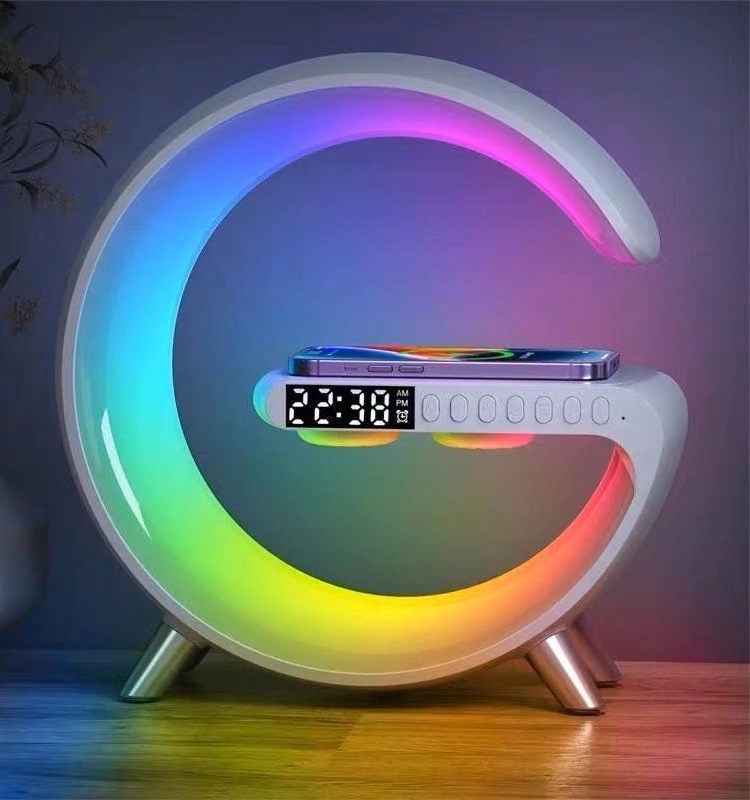ブルートゥース スピーカー ワイヤレス充電器 スマート 目覚まし時計 ナイトライト４in1 雰囲気ランプ インテリジェントLEDテーブルランプ 音楽同期 装飾用のアプリ制御