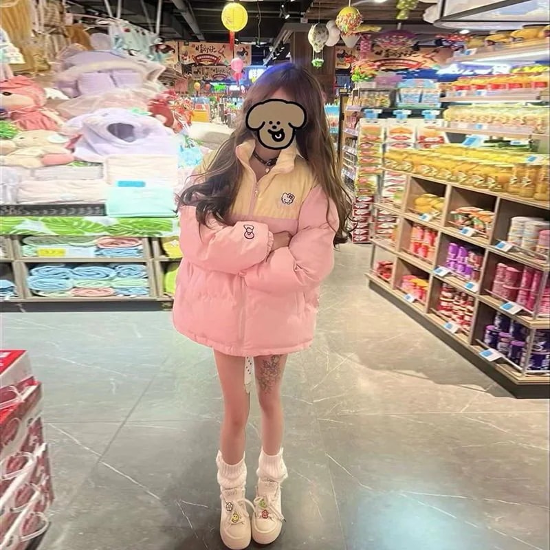 ネットレッド レディース 冬 厚手 かわいい ハローキティ 流行り 中綿ジャケット ゆったり パッチワーク ダウンコート