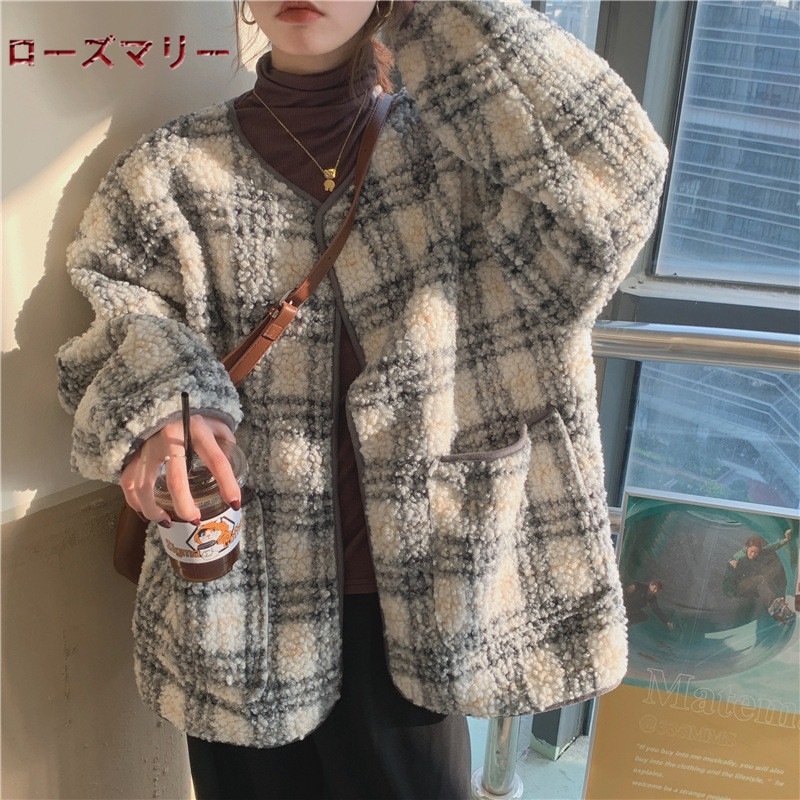 ローズマリー 韓国ファッション2020 12月 新品販売 チェック柄ボアジャケット 保温子羊毛ジャケ