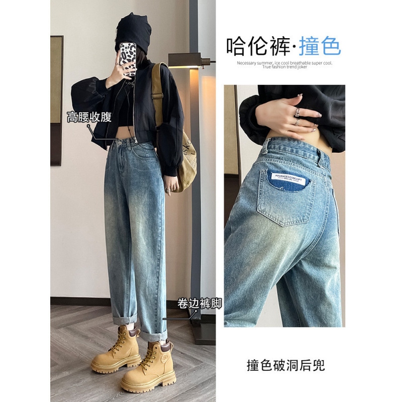 デニムキャロットパンツ女性のレトロブルーディストレストハーレムジーンズ女性のトレンディで多用途な秋の新しいルーズ痩身パンツデニム・ジーンズ