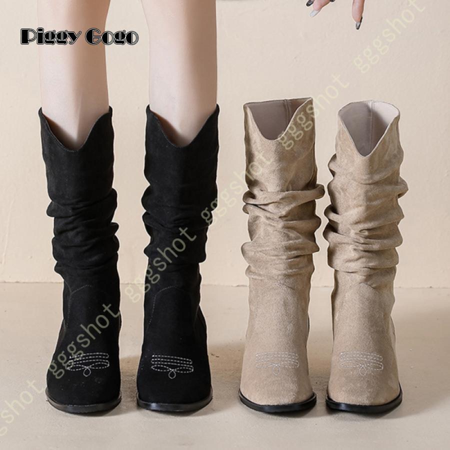 冬の新作ブーツ レディース ミッドカーフ ブーティ ローヒール ミドルブーツ スエード 靴 くしゅくしゅ 無地 ショートブーツ ワークブーツ カジュアル 柔らかい