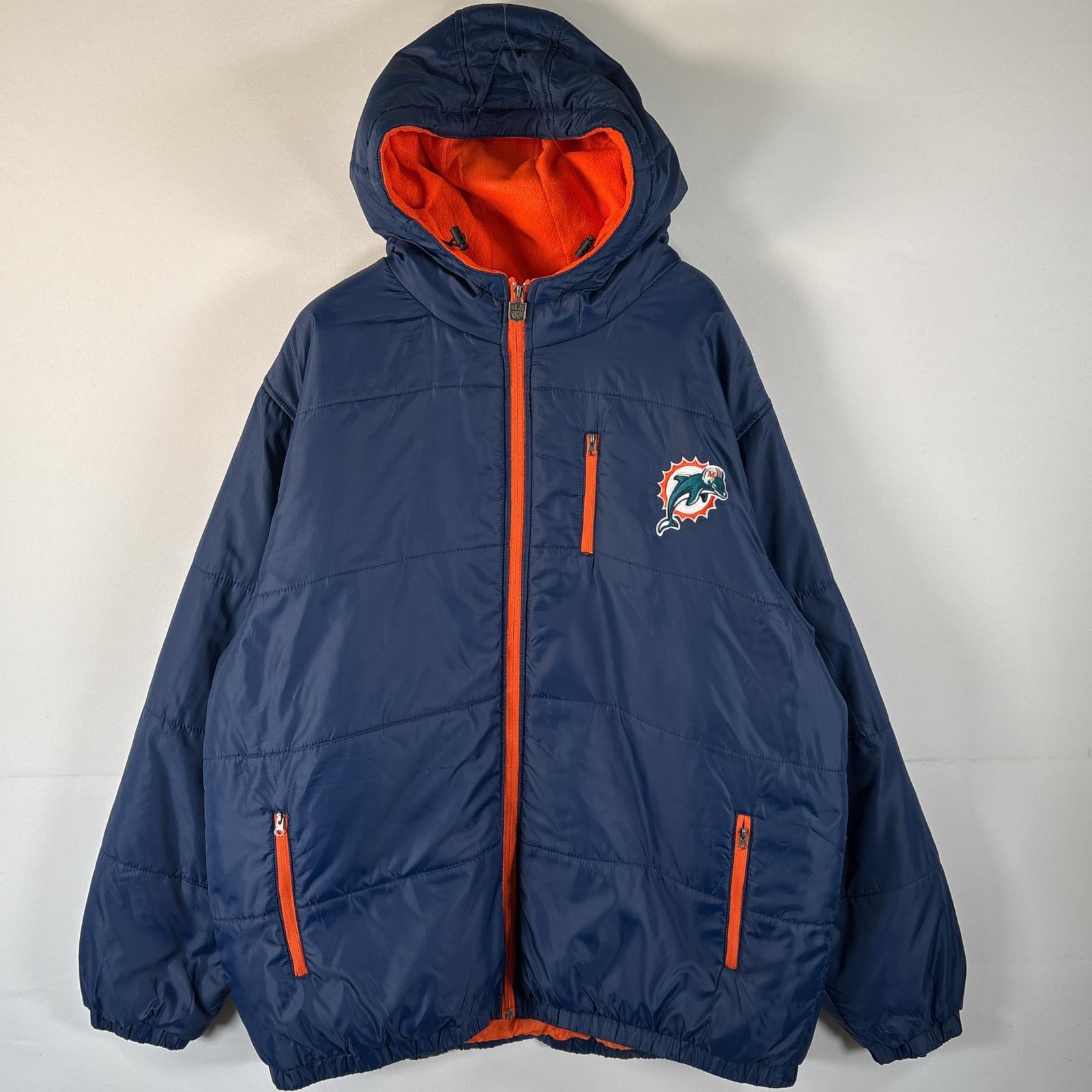 古着 エヌエフエル NFL ナイロンジャケット 中綿 ドルフィンズ バックデザイン ワッペン刺繍 大きいサイズ XXL ネイビー メンズ