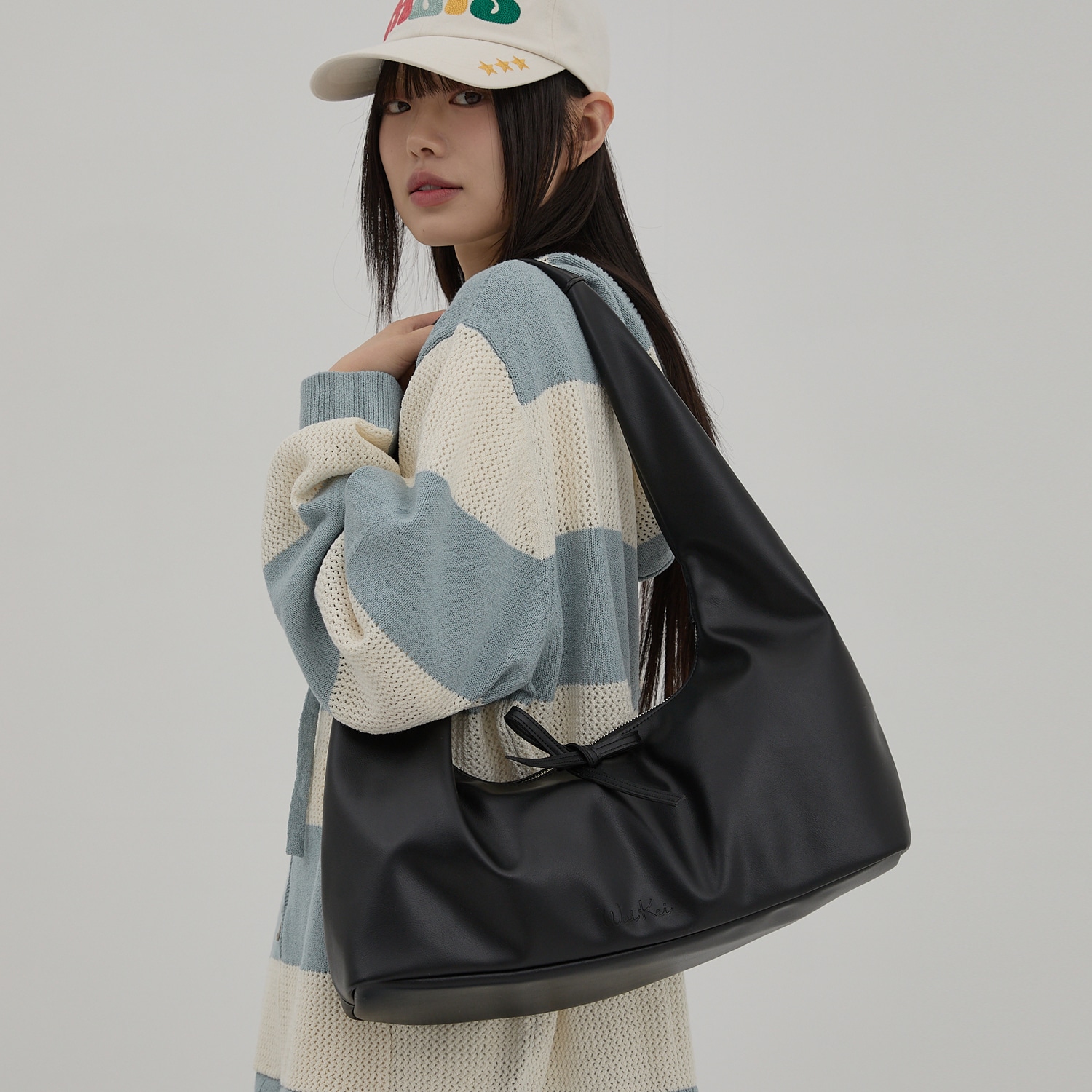 Artificial Leather Ribbon Hobo Bag BLACK