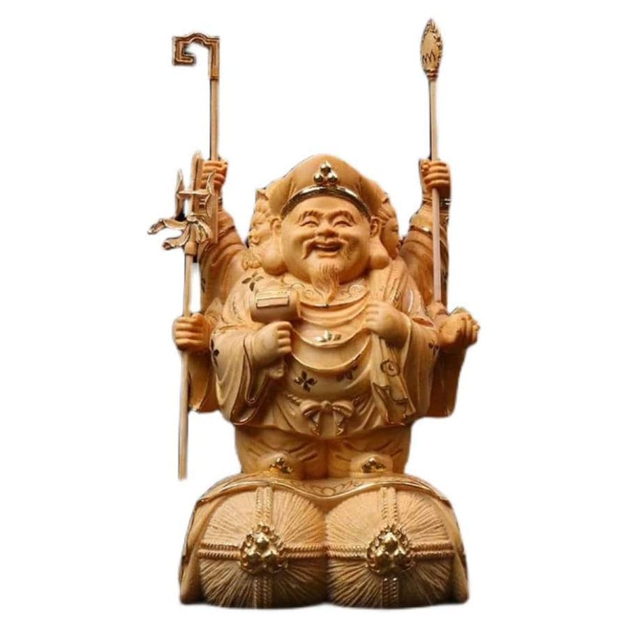 木彫り 仏像 開運招福・三面大黒天 木製 仏像 フィギュア 七福神 置物 出世・必勝の守り神・商売繁盛・厄除け(Size:18センチ)