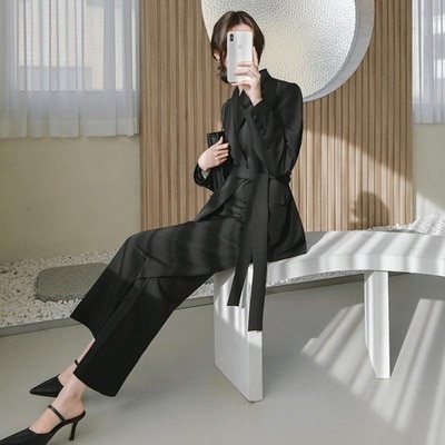 2点セット セットアップ 上下セット スーツ パンツスーツ トップス パンツ ジャケット 長袖 前開き ボタン 襟付き ポケット ウエストベルト ロングパンツ ストレートパンツ かわいい 大人可愛い
