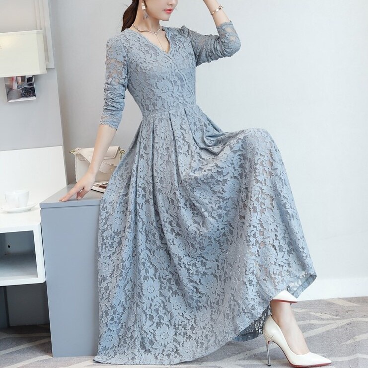 4色 Vネック フレア ロング丈 マキシ ワンピース ワンピース ロング ロング丈 袖あり 長袖 フレア レース 刺繍 セクシー エレガント モダン 主役級 存在感 白 ホワイト 黒 ブラック 青 ブ