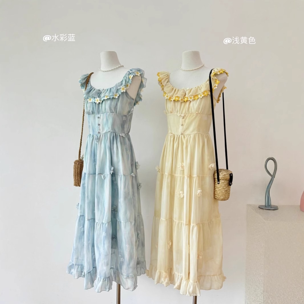 イエローシフォンプリントフライスリーブ吊帯ワンピース 代向け甘辛ミックスデザイン