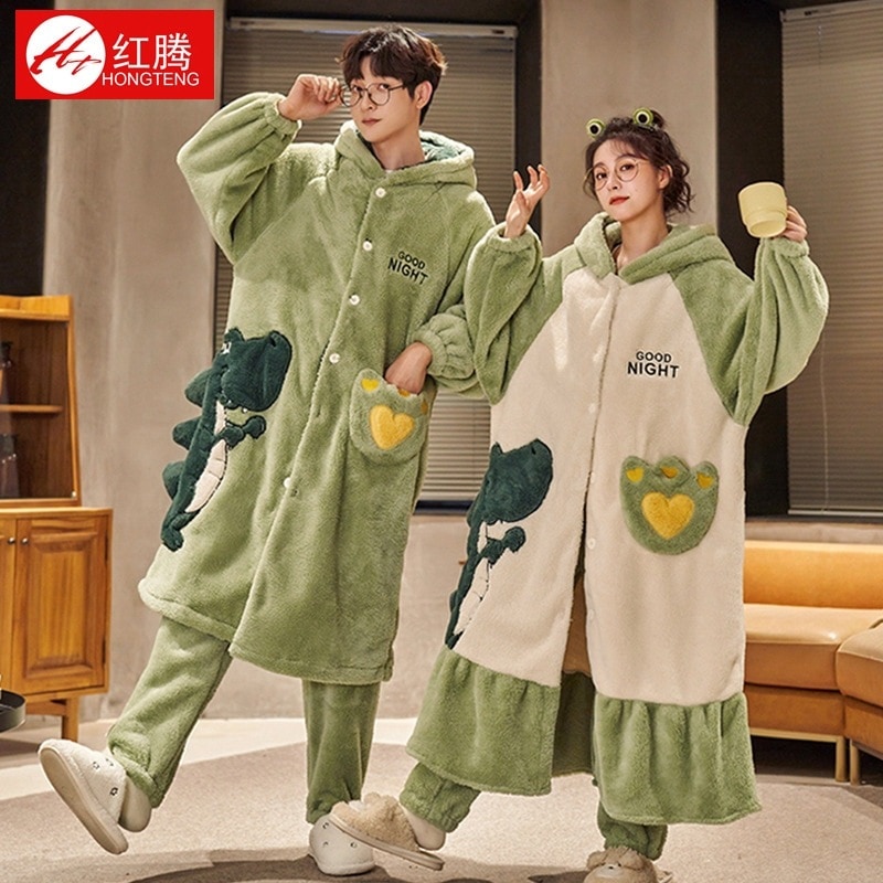 冬肥厚カップルナイトガウン女性恐竜漫画男性と女性ホーム服フランネルパジャマ暖かいスーツ30%制限