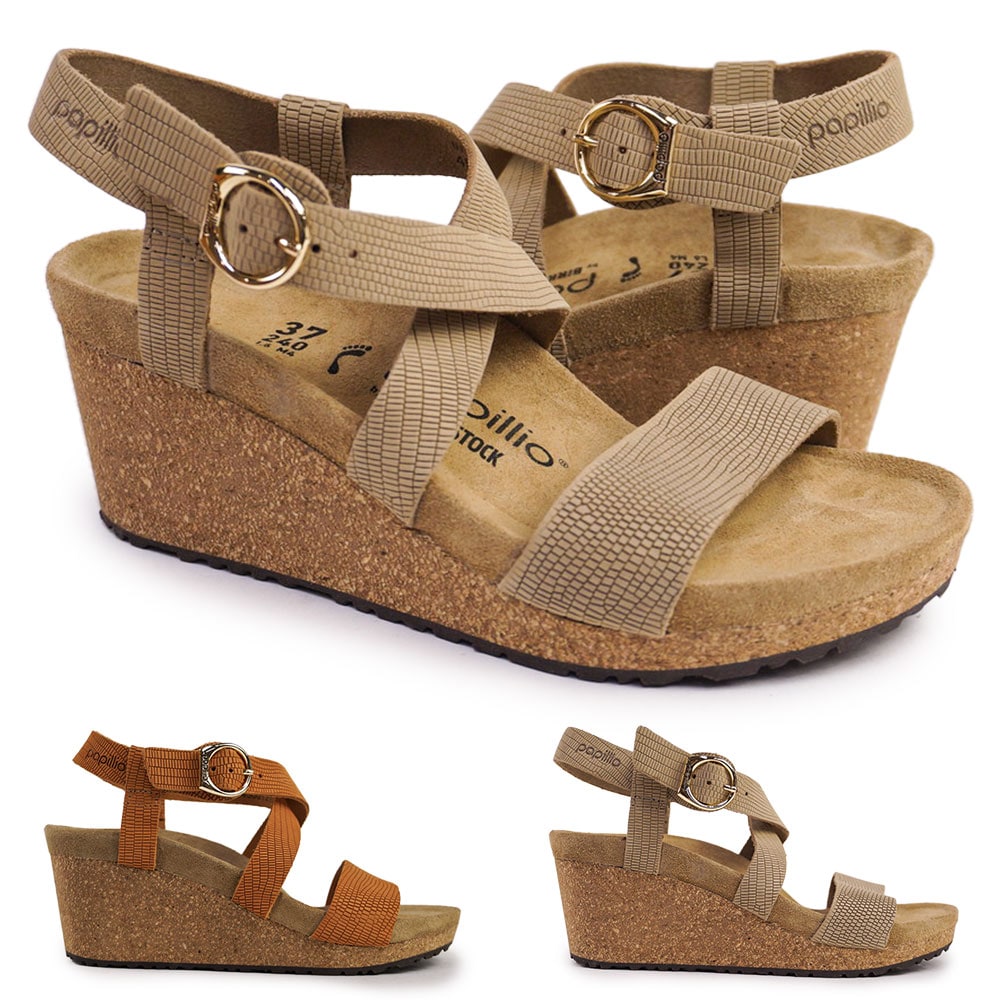 サンダル パピリオ シビル リング バックル レディース ウェッジソール エンボス加工 カジュアル