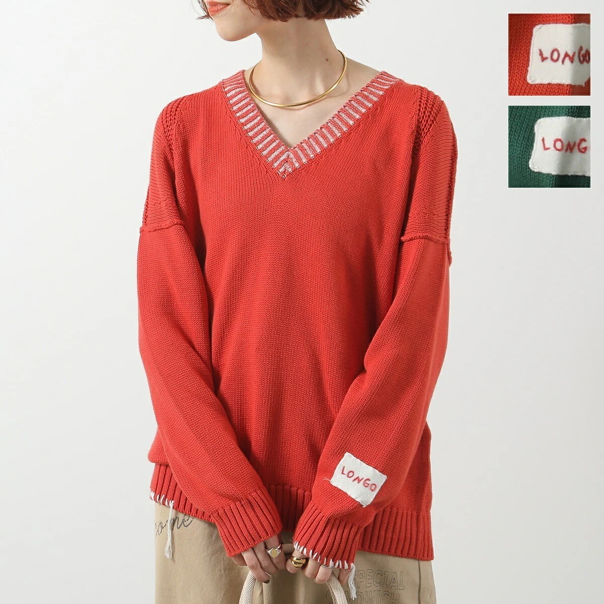 LONGO ロンゴ ニット S022104L レディース 長袖 コットン イタリア製 セーター Vネック ロゴ刺繍 カラー2色 【mega】