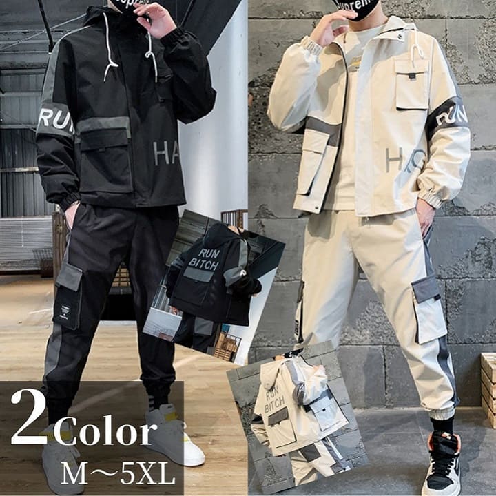 セットアップメンズフルジップジャケットマウンテンパーカーウインドブレーカーカーゴパンツ