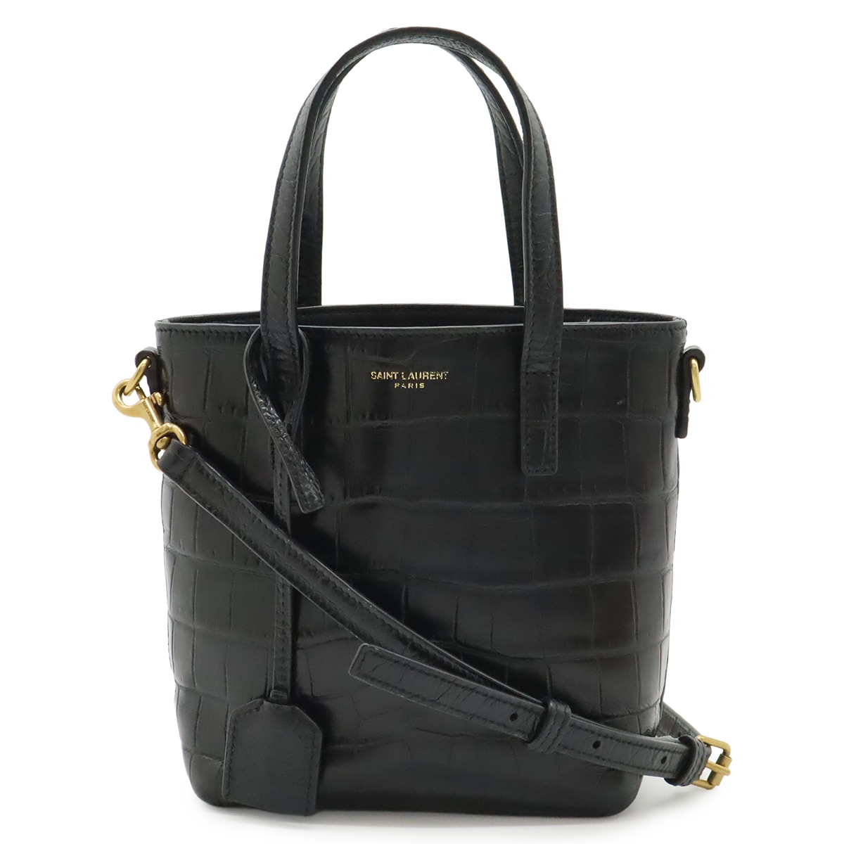 YSL ミニ トイ ショッピング ハンドバッグ 2WAY ショルダーバッグ クロコ型押し レザー ブラック 71236