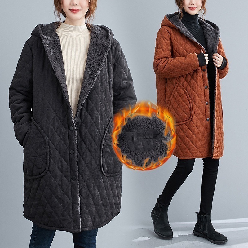 キルティングコートレディースロング丈中綿フード付き中綿コート秋冬アウター裏ボアオーバー防寒体型カバー無地軽量