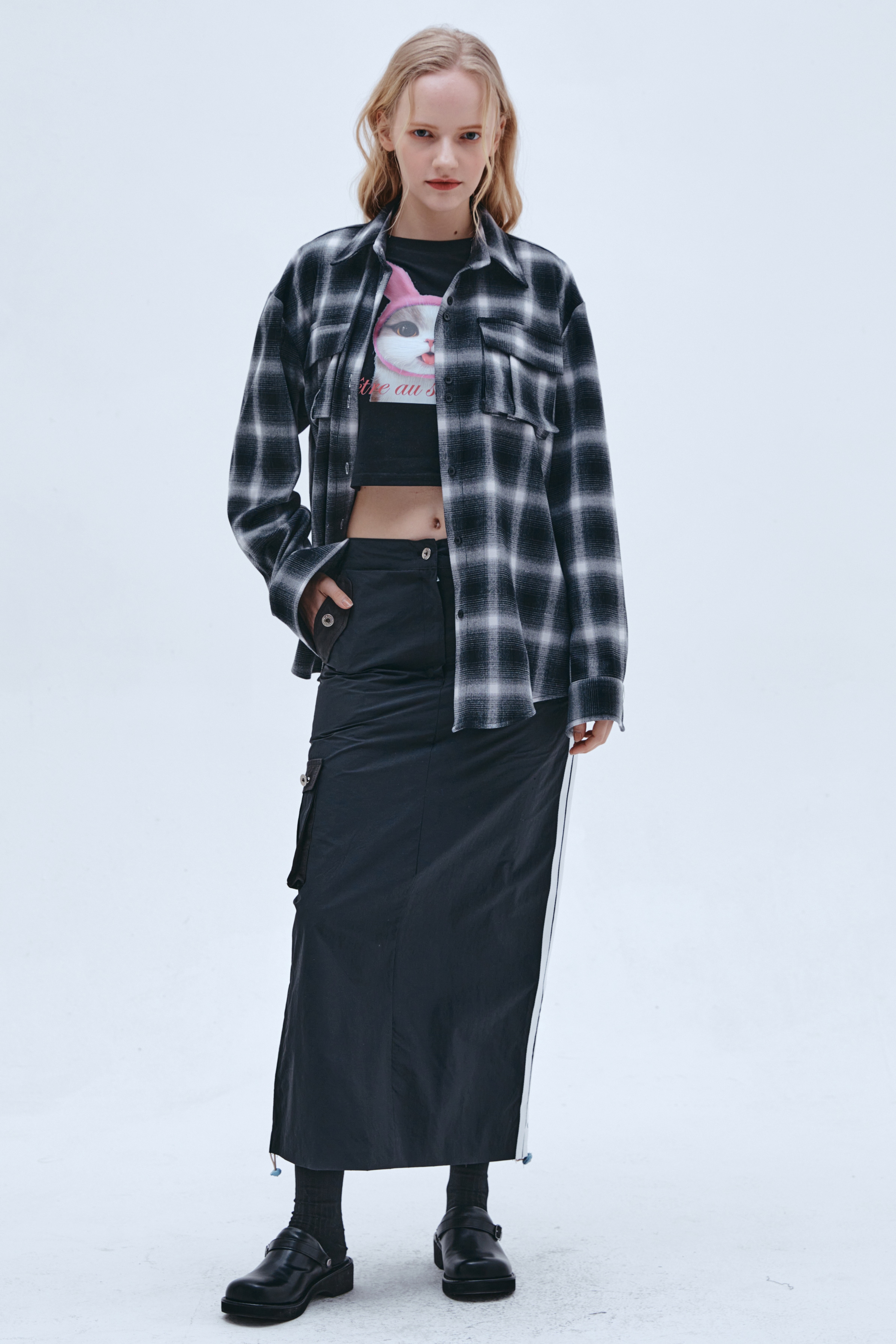 チェックオーバーフィットポケットシャツ(ブラック)