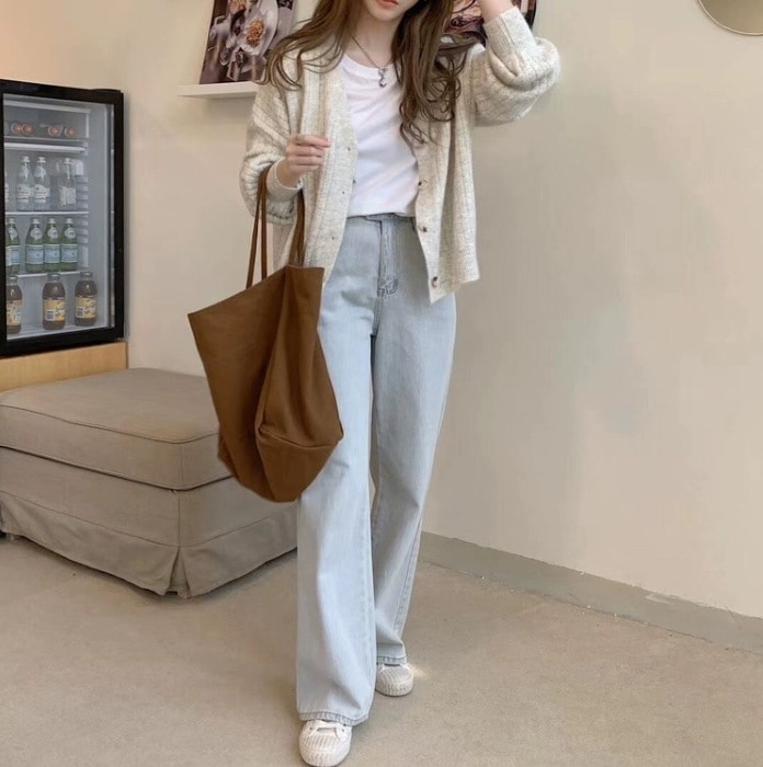 カーディガン 羽織り ショート ショート丈 袖あり 長袖 Vネック 襟なし ノーカラー リブ 前開き ニット リブニット シンプル カジュアル おしゃれ お洒落 レトロ こなれ感 ラフ 個性的 抜け感