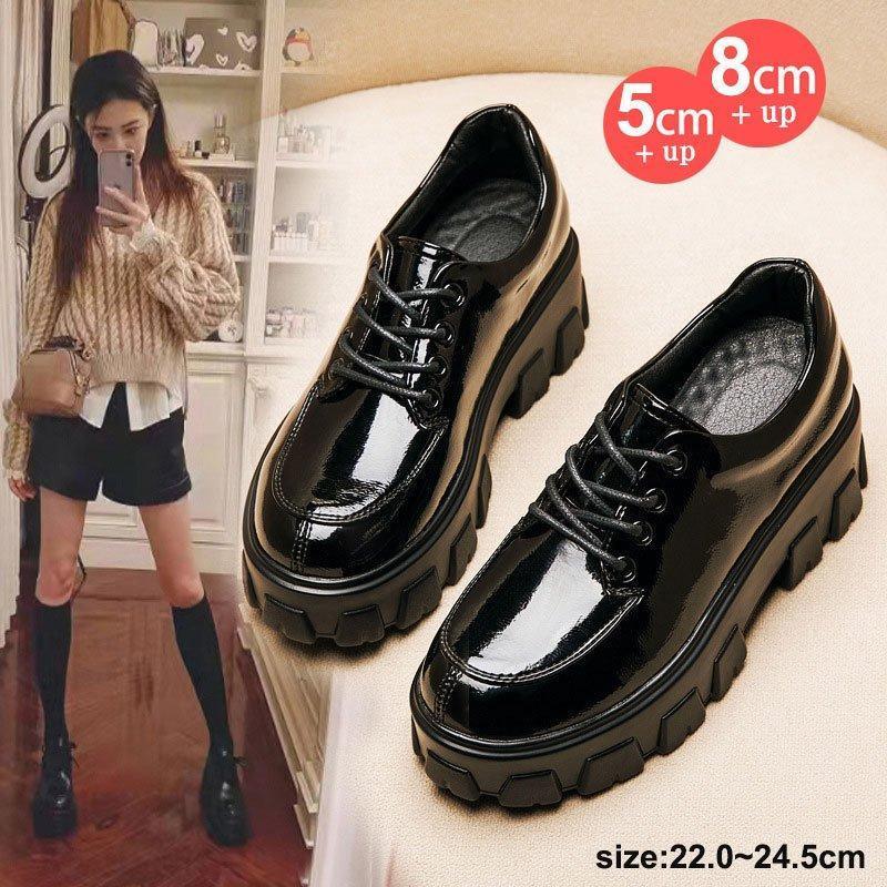 【即納】ローファー レディース インヒール 厚底レースアップ エナメル調コンフォート マニッシュシューズ レザー 軽量 痛くない 歩きやすい 大人 おじ靴