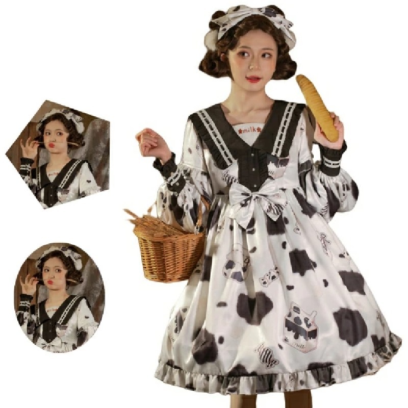 ロリータワンピース 長袖OP イーヨミ オリジナル ロリータドレス 牛柄ワンピース 牛柄風 ロリータワンピース カウプリント 甘ロリ レディース パーティードレス 牛柄ロリータ ロリータスタイル