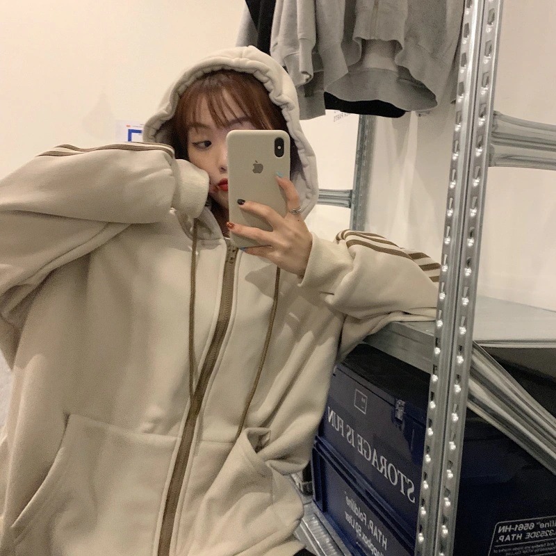 トップス パーカー 袖あり 長袖 ドロップショルダー ストライプスリーブ ジップアップ オーバーサイズ ビッグシルエット 美ライン ファスナー ポケット 伸縮性 ヴィンテージ風 フード付き カラバリ