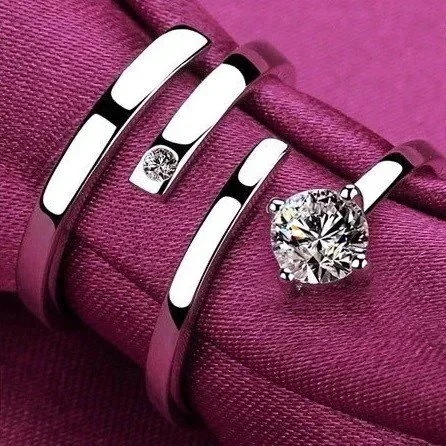 [送料無料]ペアリング 激安 指輪 2点セット 一粒ダイヤ フリーサイズ シルバー925 プラチナ仕上げ C型リ