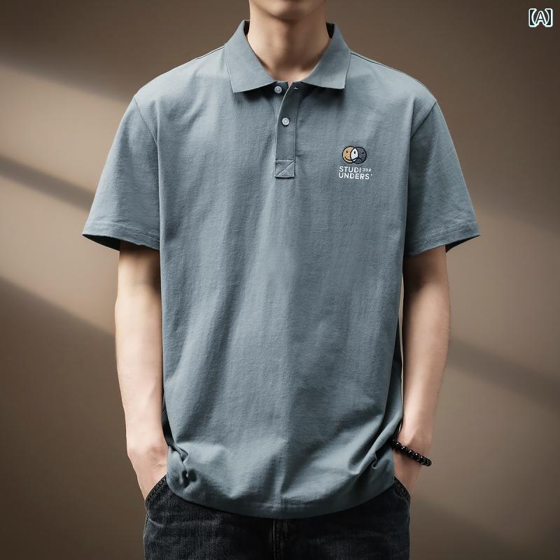 ポロシャツ アメリカン シンプル 刺繍 半袖 メンズ 夏 大きいサイズ Tシャツ 男性用 洗浄済み 都会的 綿 レジャー コットン カジュアル