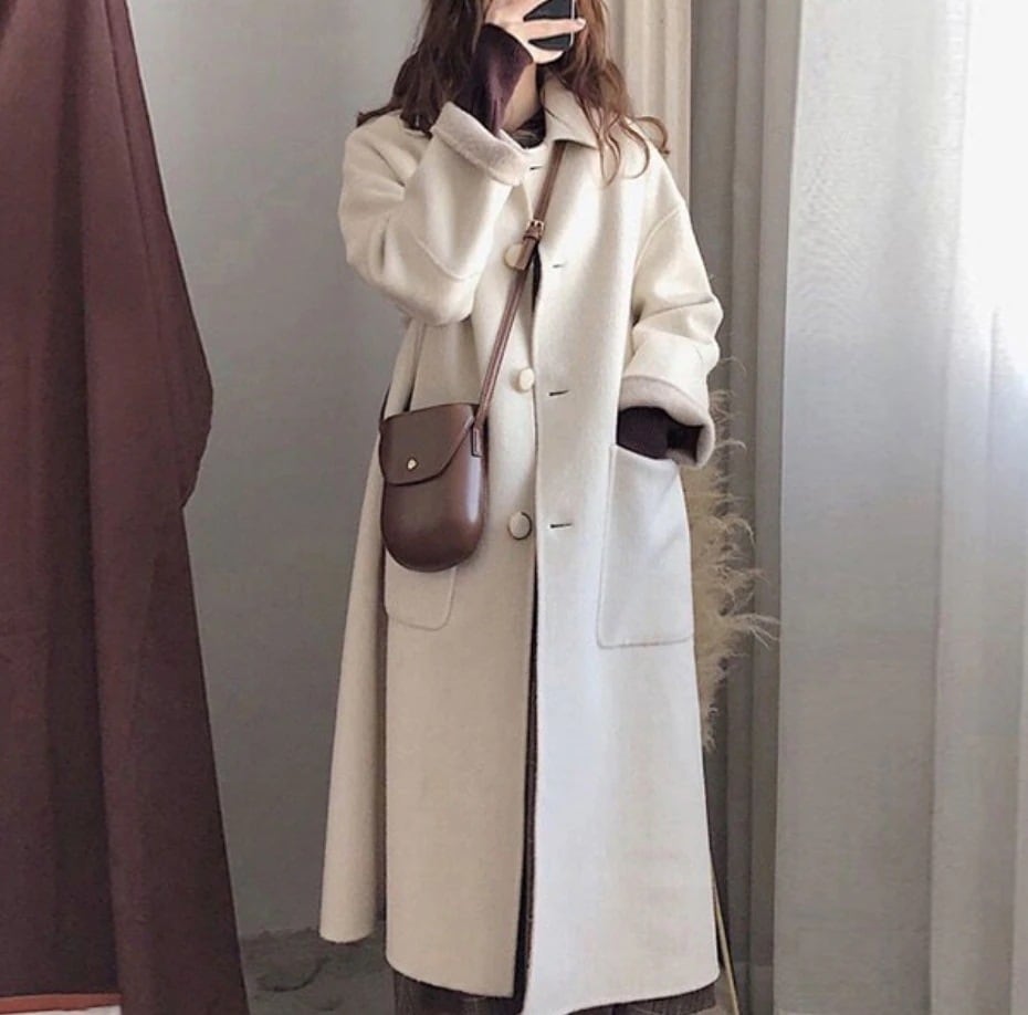 コート レトロコート 羽織 ロング ミモレ 長袖 襟付き かわいい 大人可愛い シンプル フェミニン ガーリー キュート 秋 冬 デート 学生 お出かけ パーティ 双子 韓国 XL 2XL 白