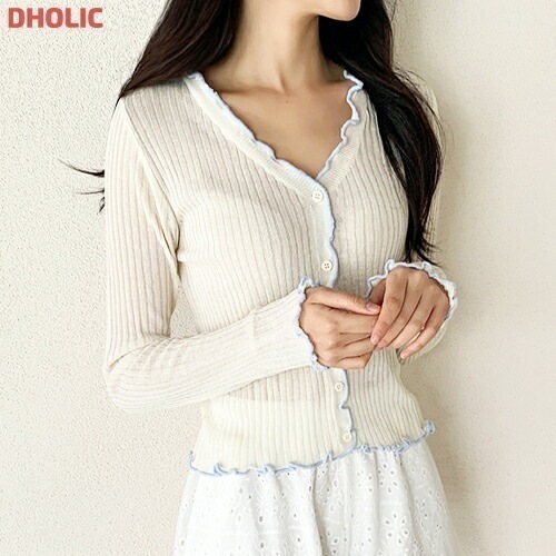 リブスリム長袖Vネックフリル配色カーディガン