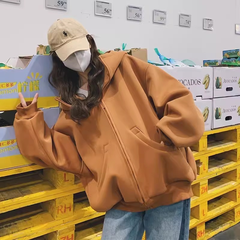 アメリカンレトロカボチャ色のフード付きセーター女性秋2024新しい怠惰な風オーバーサイズカーディガンショートジャケット